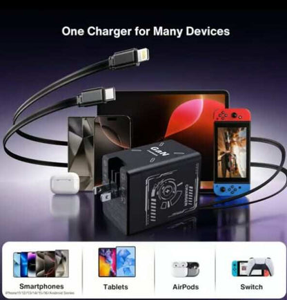 ⚡2-in-1 GaN PD3.0 charger with retractable cable (plug specifications: US standard/UK standard/EU standard).