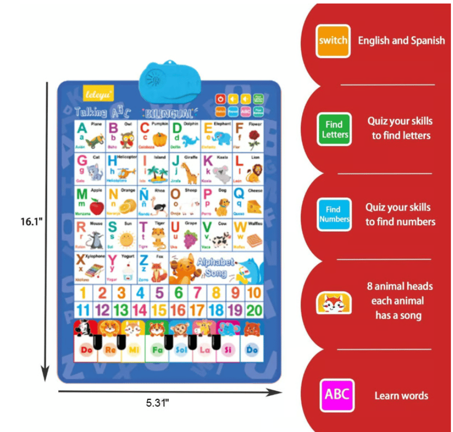 🚀2025 New Talking Wall Chart for Kids – English & Spanish Learning Poster with Songs, ABCs, Numbers, Animal words & Piano